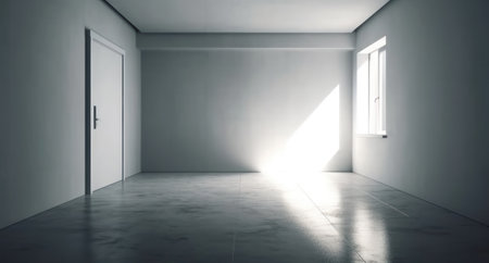 Abstract white studio background for product presentation. Empty gray room with shadows of window. Display product with blurred backdrop. AI Generativeの素材