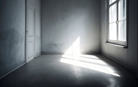 Abstract white studio background for product presentation. Empty gray room with shadows of window. Display product with blurred backdrop. AI Generativeの素材