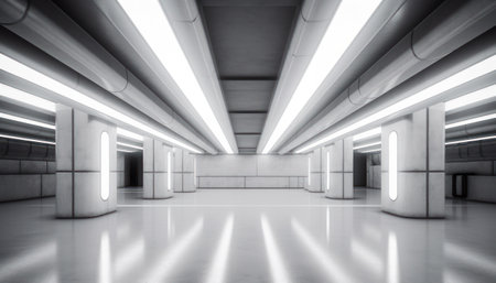 Abstract white studio background for product presentation. Empty gray room with shadows of window. Display product with blurred backdrop. AI Generativeの素材
