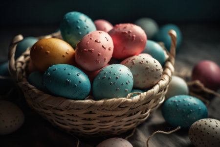 Happy Easter.Colorful hand painted decorated Easter eggs. Handmade Easter craft.Spring decoration background. DIY Festive traditional symbols.Holiday Still life photo selective focus. AI Generative.の素材
