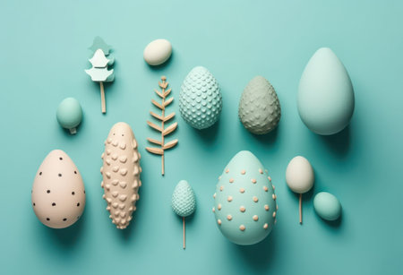 Happy Easter.Colorful hand painted decorated Easter eggs. Handmade Easter craft.Spring decoration background. DIY Festive traditional symbols.Holiday Still life photo selective focus. AI Generative.の素材