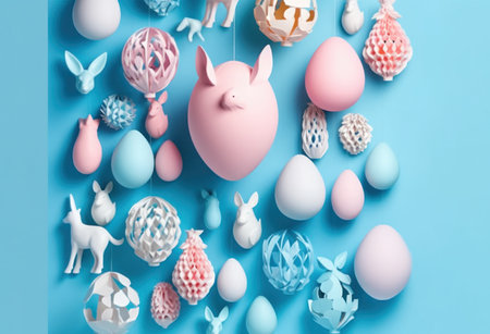 Happy Easter.Colorful hand painted decorated Easter eggs. Handmade Easter craft.Spring decoration background. DIY Festive traditional symbols.Holiday Still life photo selective focus. AI Generative.の素材