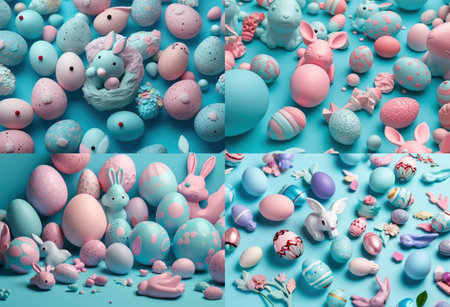 Happy Easter.Colorful hand painted decorated Easter eggs. Handmade Easter craft.Spring decoration background. DIY Festive traditional symbols.Holiday Still life photo selective focus. AI Generative.の素材