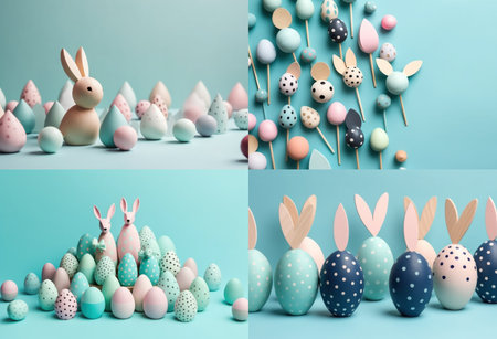 Happy Easter.Colorful hand painted decorated Easter eggs. Handmade Easter craft.Spring decoration background. DIY Festive traditional symbols.Holiday Still life photo selective focus. AI Generative.の素材
