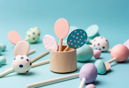 Happy Easter.Colorful hand painted decorated Easter eggs. Handmade Easter craft.Spring decoration background. DIY Festive traditional symbols.Holiday Still life photo selective focus. AI Generative.の素材