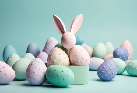 Happy Easter.Colorful hand painted decorated Easter eggs. Handmade Easter craft.Spring decoration background. DIY Festive traditional symbols.Holiday Still life photo selective focus. AI Generative.の素材