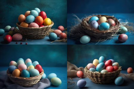 Happy Easter.Colorful hand painted decorated Easter eggs. Handmade Easter craft.Spring decoration background. DIY Festive traditional symbols.Holiday Still life photo selective focus. AI Generative.の素材