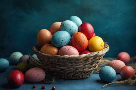 Happy Easter.Colorful hand painted decorated Easter eggs. Handmade Easter craft.Spring decoration background. DIY Festive traditional symbols.Holiday Still life photo selective focus. AI Generative.の素材