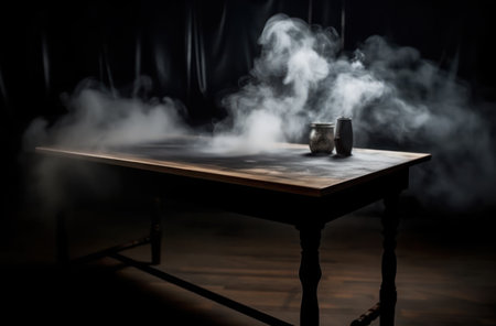 Empty wooden table with smoke float up on dark background, perspective wooden floor shelf table, used as a studio background wall to display your products. AI Generative.の素材