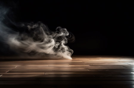 Empty wooden table with smoke float up on dark background, perspective wooden floor shelf table, used as a studio background wall to display your products. AI Generative.の素材