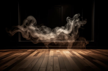 Empty wooden table with smoke float up on dark background, perspective wooden floor shelf table, used as a studio background wall to display your products. AI Generative.の素材