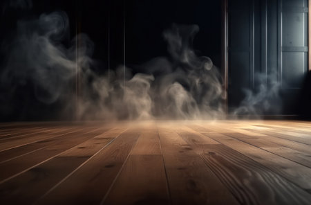 Empty wooden table with smoke float up on dark background, perspective wooden floor shelf table, used as a studio background wall to display your products. AI Generative.の素材