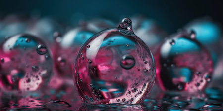 Super close up macro shot of air bubbles in a marble glass sphere reflecting in the transparent teal blue coloured smooth surfaced stone. AI Generative.の素材