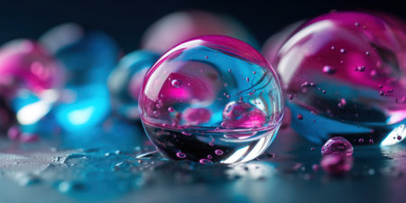 Super close up macro shot of air bubbles in a marble glass sphere reflecting in the transparent teal blue coloured smooth surfaced stone. AI Generative.の素材