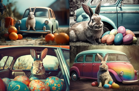 Rabbits and colorful eggs with vitage car for easter festival. AI Generative.の素材