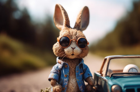 Rabbits and colorful eggs with vitage car for easter festival. AI Generative.の素材