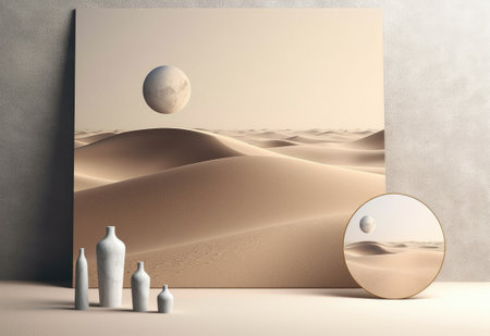 Podium on sand background. Display with sunshade and shadow on the background for cosmetic perfume fashion natural product. Generative AI.の素材