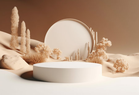 Podium on sand background. Display with sunshade and shadow on the background for cosmetic perfume fashion natural product. Generative AI.の素材