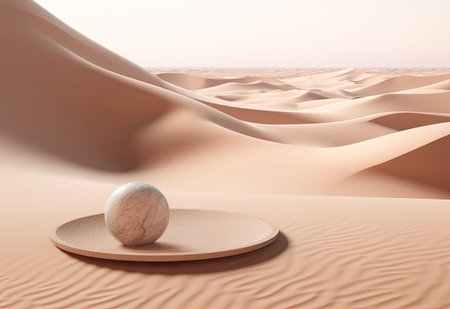 Podium on sand background. Display with sunshade and shadow on the background for cosmetic perfume fashion natural product. Generative AI.の素材