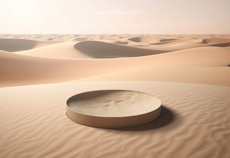 Podium on sand background. Display with sunshade and shadow on the background for cosmetic perfume fashion natural product. Generative AI.の素材