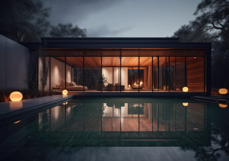 Design house - modern villa with open plan living and private bedroom wing. Large terrace with privacy and, swimming pool. Generative AI.の素材