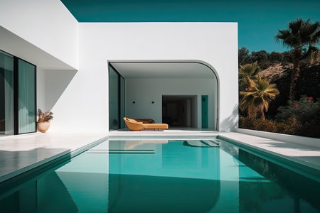 Design house - modern villa with open plan living and private bedroom wing. Large terrace with privacy and, swimming pool. Generative AI.の素材