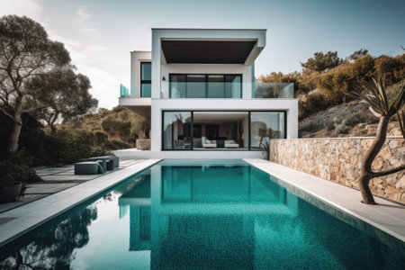 Design house - modern villa with open plan living and private bedroom wing. Large terrace with privacy and, swimming pool. Generative AI.の素材