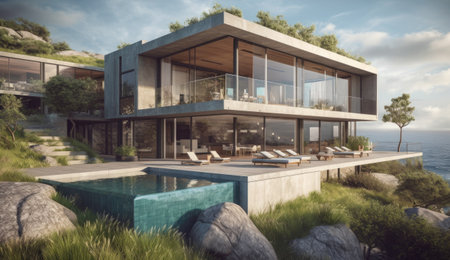 Design house - modern villa with open plan living and private bedroom wing. Large terrace with privacy and, swimming pool. Generative AI.の素材