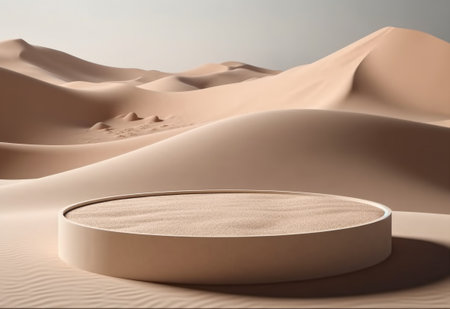 Podium on sand background. Display with sunshade and shadow on the background for cosmetic perfume fashion natural product. Generative AI.の素材