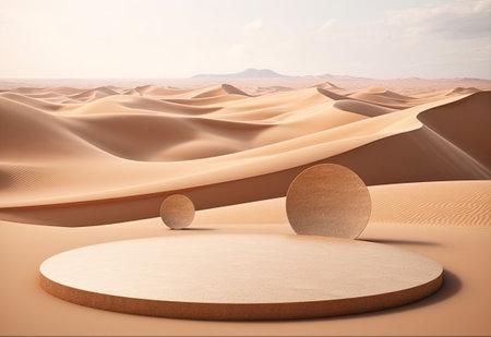 Podium on sand background. Display with sunshade and shadow on the background for cosmetic perfume fashion natural product. Generative AI.の素材