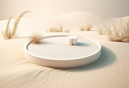 Podium on sand background. Display with sunshade and shadow on the background for cosmetic perfume fashion natural product. Generative AI.の素材