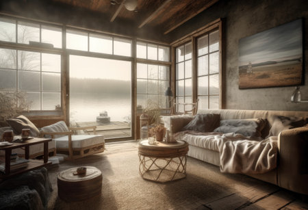 Beautiful rustic cottage with wooden walls and ceilings. Big window with vue on lake and forest on a sunny day. Scandinavian interior design. AI Generative.の素材