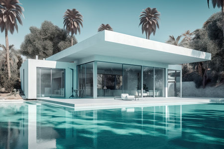 Design house - modern villa with open plan living and private bedroom wing. Large terrace with privacy and, swimming pool. Generative AI.の素材
