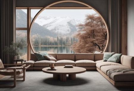 Beautiful rustic cottage with wooden walls and ceilings. Big window with vue on lake and forest on a sunny day. Scandinavian interior design. AI Generative.の素材