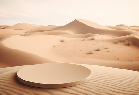 Podium on sand background. Display with sunshade and shadow on the background for cosmetic perfume fashion natural product. Generative AI.の素材