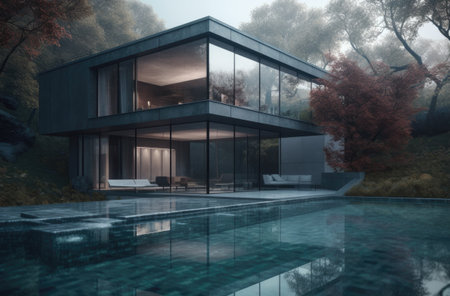 Design house - modern villa with open plan living and private bedroom wing. Large terrace with privacy and, swimming pool. Generative AI.の素材