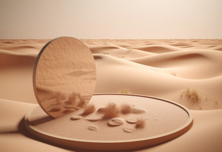 Podium on sand background. Display with sunshade and shadow on the background for cosmetic perfume fashion natural product. Generative AI.の素材