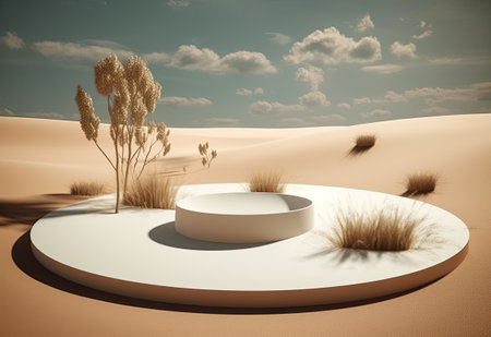 Podium on sand background. Display with sunshade and shadow on the background for cosmetic perfume fashion natural product. Generative AI.の素材