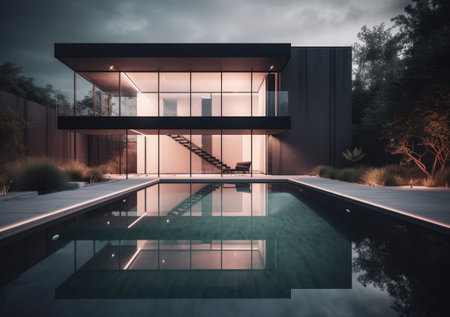Design house - modern villa with open plan living and private bedroom wing. Large terrace with privacy and, swimming pool. Generative AI.の素材