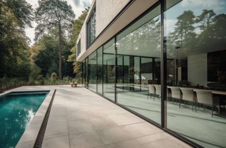 Design house - modern villa with open plan living and private bedroom wing. Large terrace with privacy and, swimming pool. Generative AI.の素材