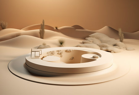 Podium on sand background. Display with sunshade and shadow on the background for cosmetic perfume fashion natural product. Generative AI.の素材