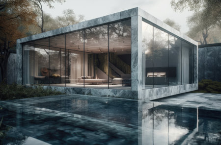 Design house - modern villa with open plan living and private bedroom wing. Large terrace with privacy and, swimming pool. Generative AI.の素材