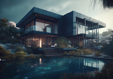 Design house - modern villa with open plan living and private bedroom wing. Large terrace with privacy and, swimming pool. Generative AI.の素材