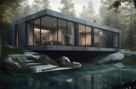 Design house - modern villa with open plan living and private bedroom wing. Large terrace with privacy and, swimming pool. Generative AI.の素材