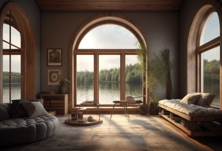 Beautiful rustic cottage with wooden walls and ceilings. Big window with vue on lake and forest on a sunny day. Scandinavian interior design. AI Generative.の素材