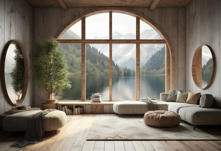 Beautiful rustic cottage with wooden walls and ceilings. Big window with vue on lake and forest on a sunny day. Scandinavian interior design. AI Generative.の素材