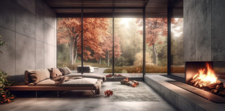 Panoramic view of luxurious living room with fireplace sofa with natural view. Generative AI.の素材