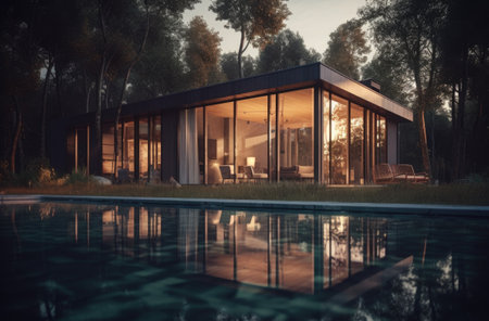 Design house - modern villa with open plan living and private bedroom wing. Large terrace with privacy and, swimming pool. Generative AI.の素材