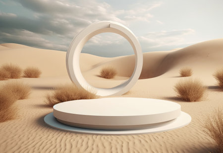 Podium on sand background. Display with sunshade and shadow on the background for cosmetic perfume fashion natural product. Generative AI.の素材