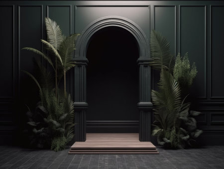 Green door and growing ,caring of plants in garden concept in plain Light background with copy space. 3D rendering for picture frame backgrounds. AI Generative.の素材